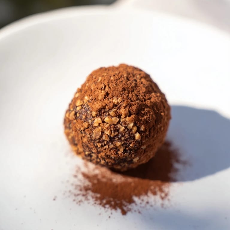 Close-up of Date & Walnut Truffles: a delicious vegan dessert, perfectly rolled and dusted.