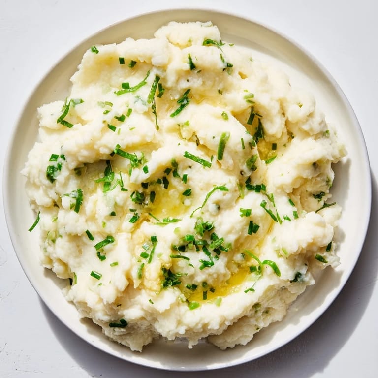 Steaming bowl of delicious cauliflower mash; garlicky, herby flavors perfect for a dinner.