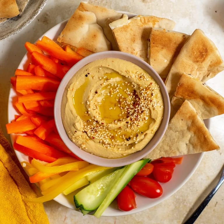 This photo shows a delicious spread of DIY hummus served with fluffy pita bread and crunchy veggie sticks.