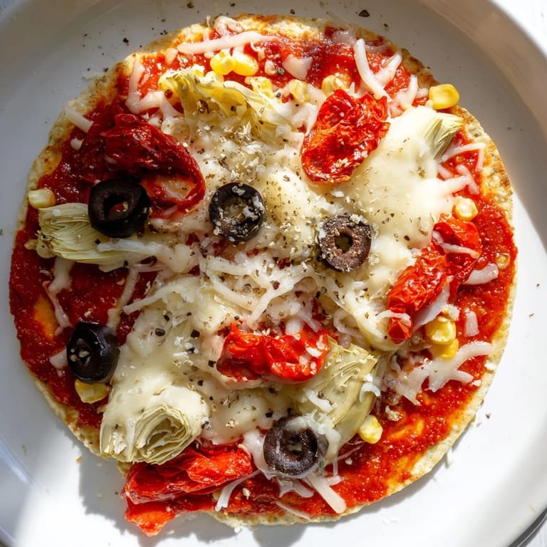 Delicious tortilla pizza with sun-dried tomatoes and red peppers, perfect for a fast, flavorful meal.