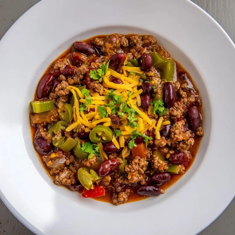 A close-up shot of a savory pot of quick chili with canned beans, ready to be served.