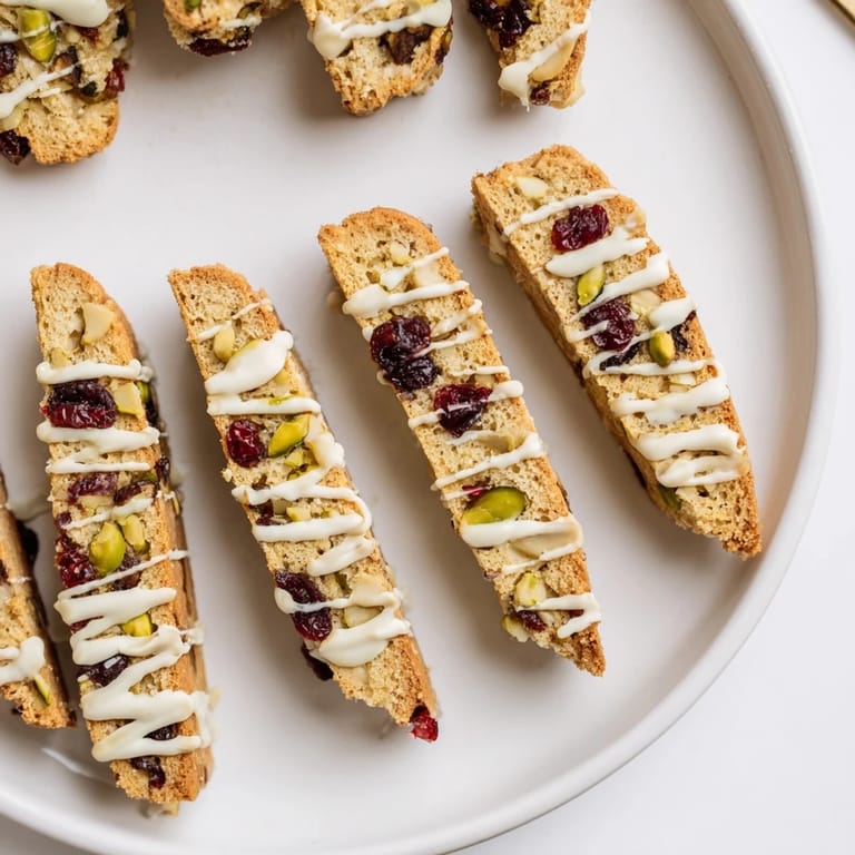 A close-up of White Chocolate Cranberry Pistachio Biscotti, showcasing tart cranberries and crunchy pistachios in every bite.