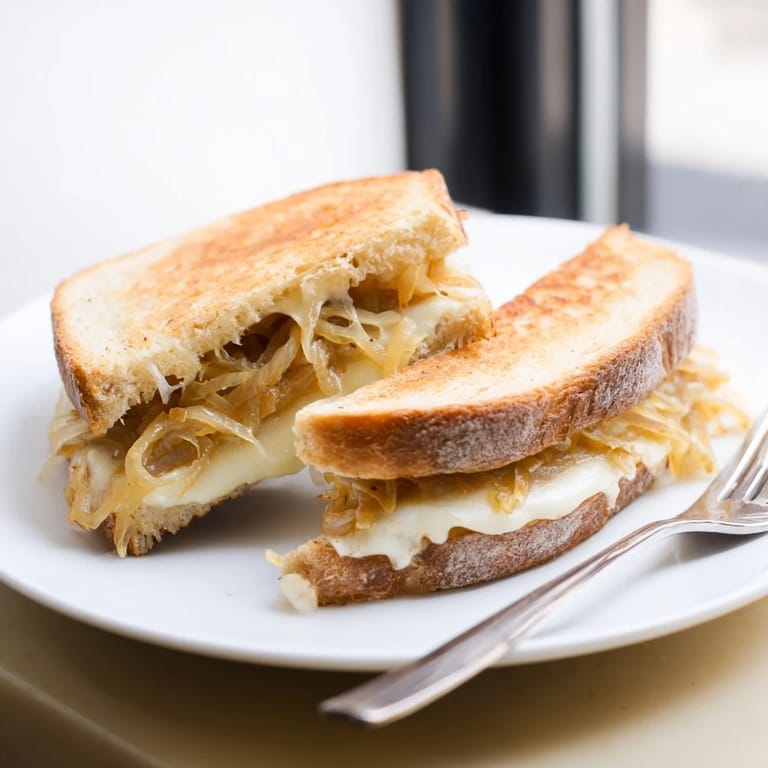 A close-up of a French Onion Grilled Cheese, oozing cheese, perfect for a cozy, comforting meal.