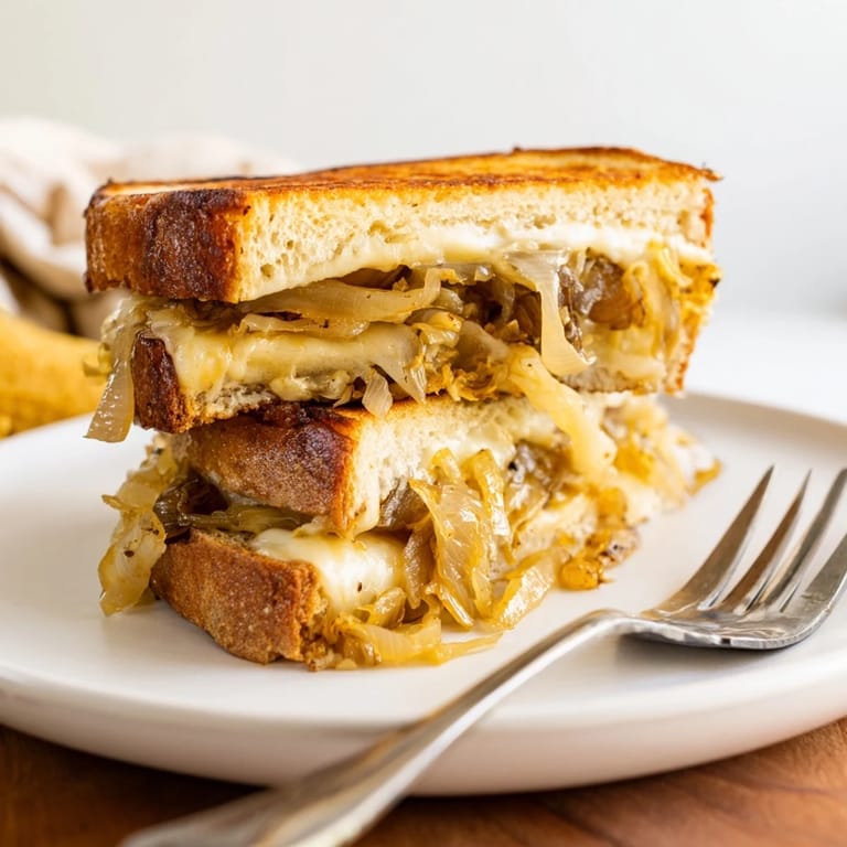 Mouthwatering French Onion Grilled Cheese, featuring toasted sourdough with rich, caramelized onions inside.