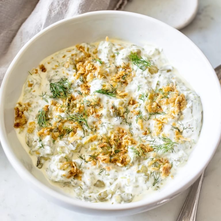 A close-up of a bowl of savory Fried Pickle Dip, garnished with fresh herbs and crumbled panko.