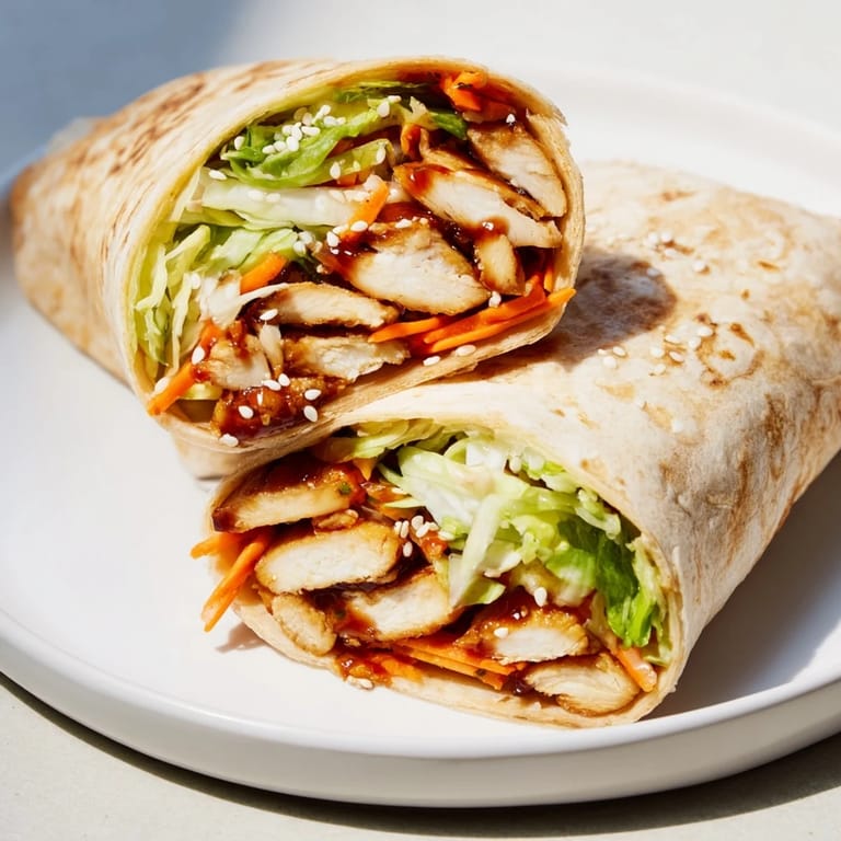 Warm, soft tortilla holding a flavorful teriyaki chicken wrap, a healthy and easy lunch option.