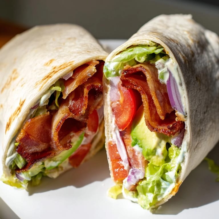 Golden-brown bacon contrasts with colorful tomatoes in these flavorful Zesty BLT Wraps.