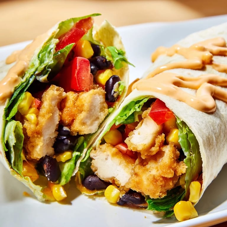A delicious close-up of a fully-loaded Southwest chicken wrap, ready to enjoy for lunch.