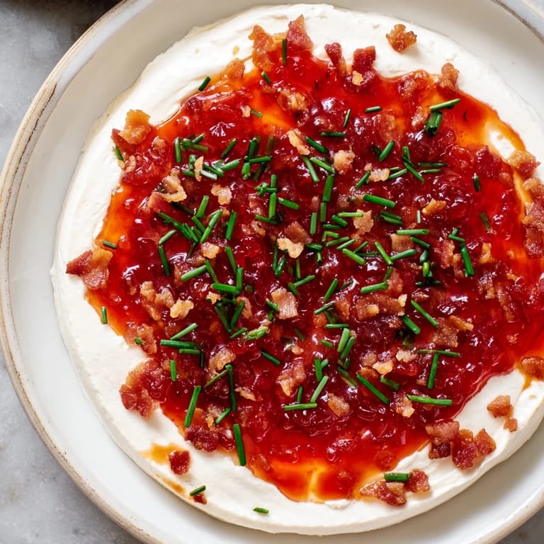 A close-up shot of the savory Easy Bacon Pepper Jelly appetizer, garnished and ready to serve.