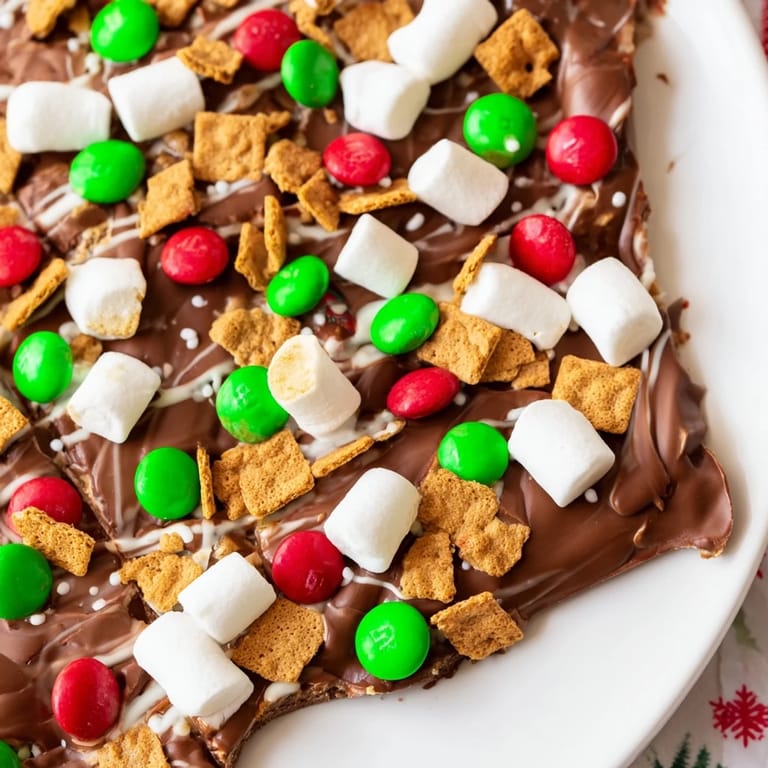 Vibrant overhead shot of delicious Quick Christmas Smores Bark, ready to be broken and shared as a treat.