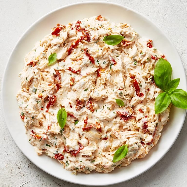Golden-brown Lightened Marry Me Chicken Dip, full of tender chicken and sun-dried tomatoes—a delicious appetizer!