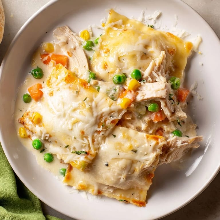 Homemade Chicken Pot Pie Ravioli Bake, a delicious mix of ravioli with chicken and vegetables, baked to perfection.