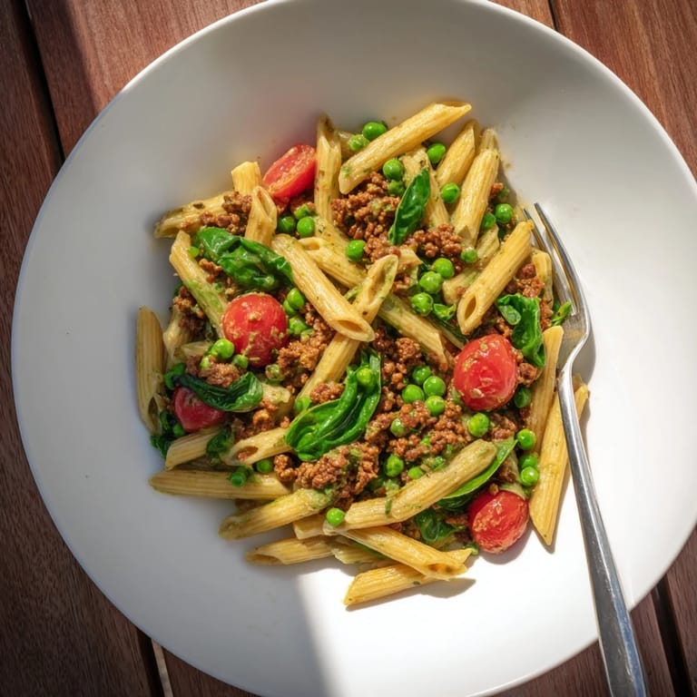 Enjoy this easy, flavorful one-pot creamy pesto pea protein pasta, creamy sauce clinging to every noodle.