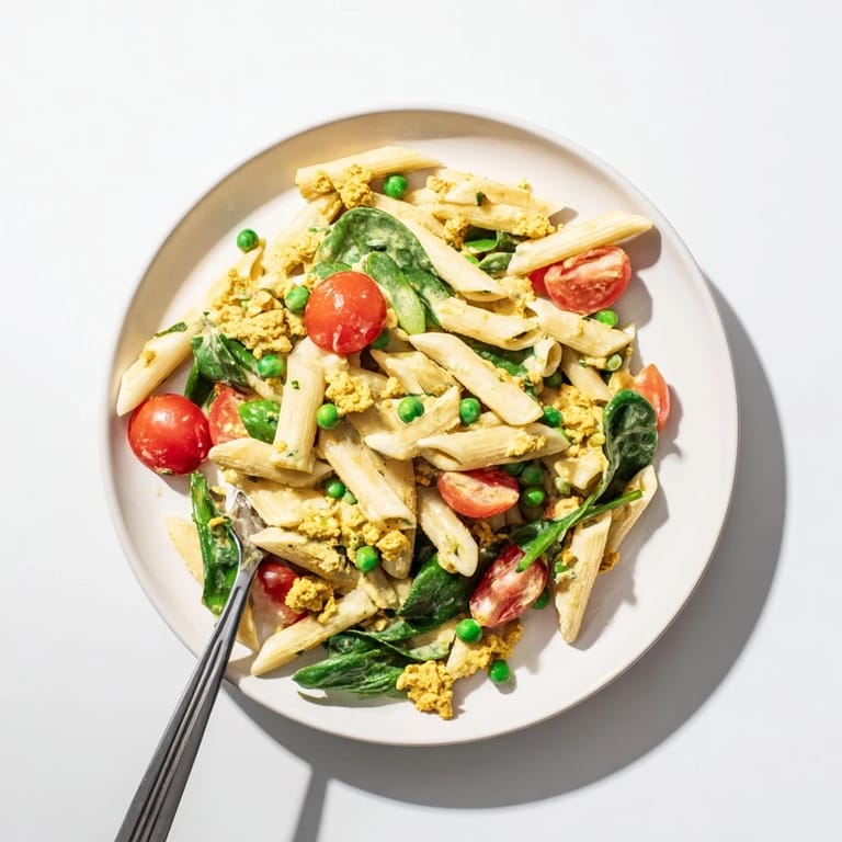 Golden-brown pea protein crumbles in the one-pot creamy pesto pasta, alongside bright green peas and tomatoes.
