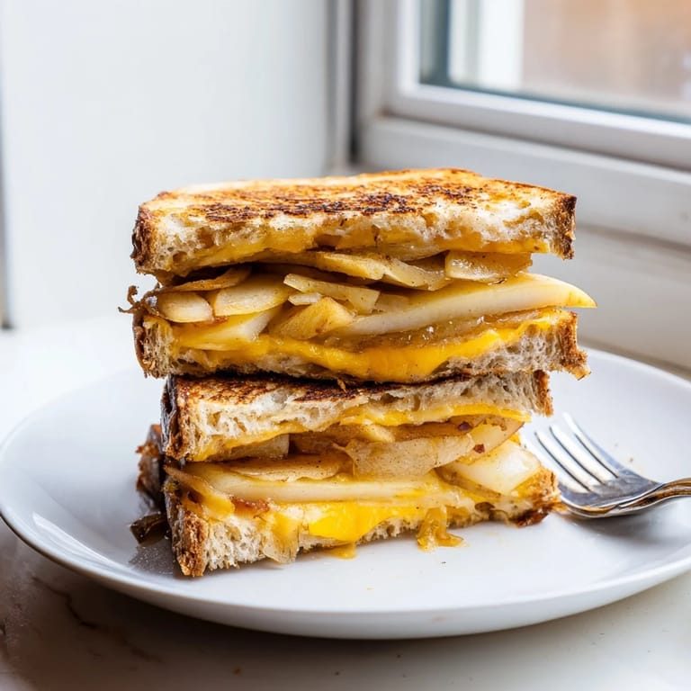 Toasted and delicious: a hearty Caramelized Onion, Apple & Cheddar Grilled Cheese, ready to eat!