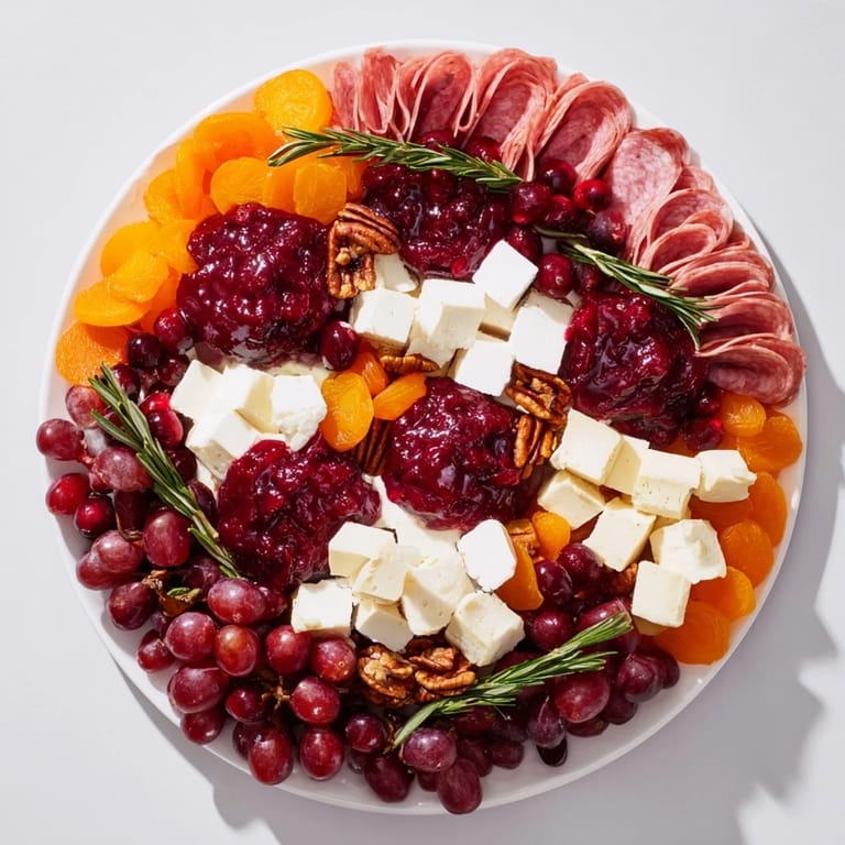 A beautiful Cranberry Wreath Platter appetizer: a holiday arrangement of cheese, crackers, fruits, and tangy cranberry sauce.