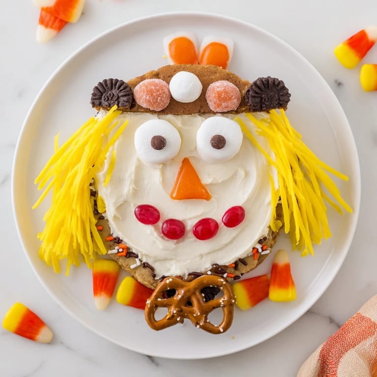 This Scarecrow Candy Platter features a delicious, edible scarecrow with a marshmallow hat and gummy cheeks.