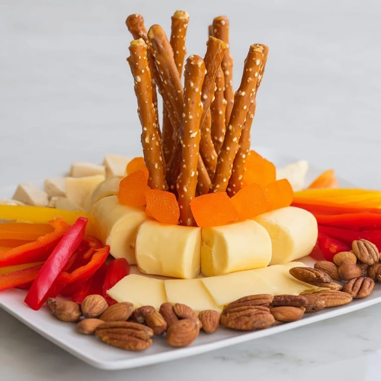 Cozy flickering fire log snack board featuring cheeses, meats, crackers, fruits, and nut "flames".