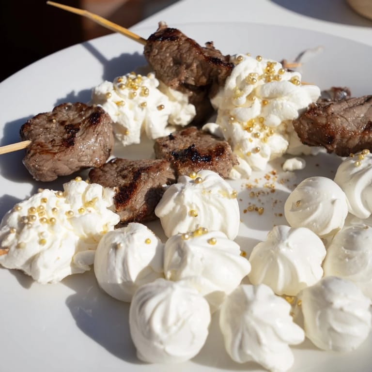 This Fluffy Clouds Lamb Baby Shower Board features savory lamb next to creamy cheese clouds, perfect for an event.