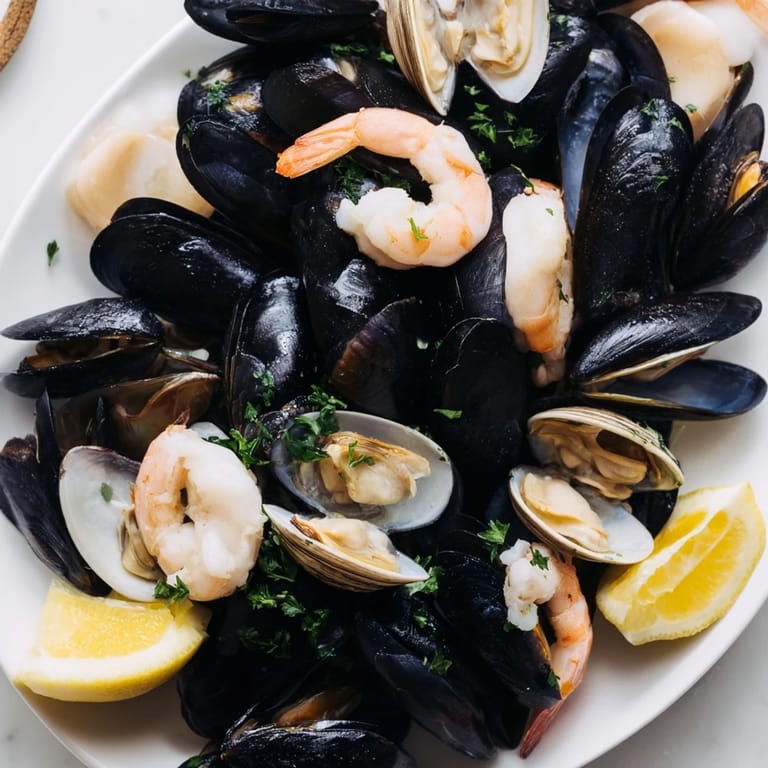 Freshly cooked Shellfish & Seafood Medley showcases vibrant shellfish, perfectly steamed, ready to enjoy with crusty bread.