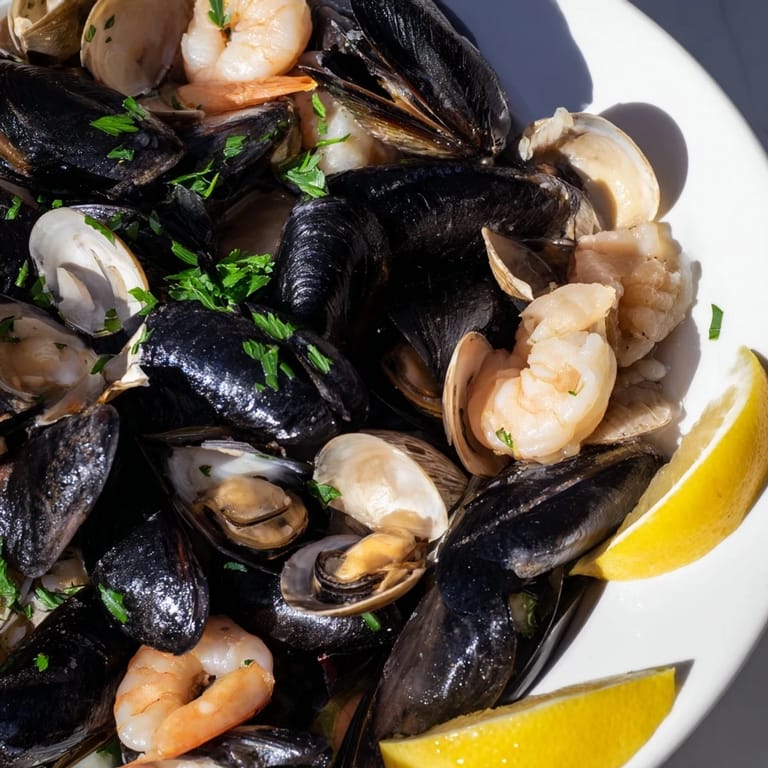 A flavorful close-up reveals the exquisite Shellfish & Seafood Medley, with fragrant parsley and glistening seafood ready to serve.