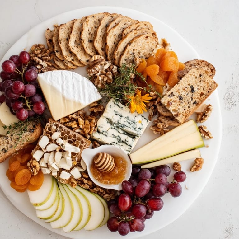 A visually appealing Honeycomb, Honey & Cheese Board, overflowing with fruits, nuts, and various cheeses.