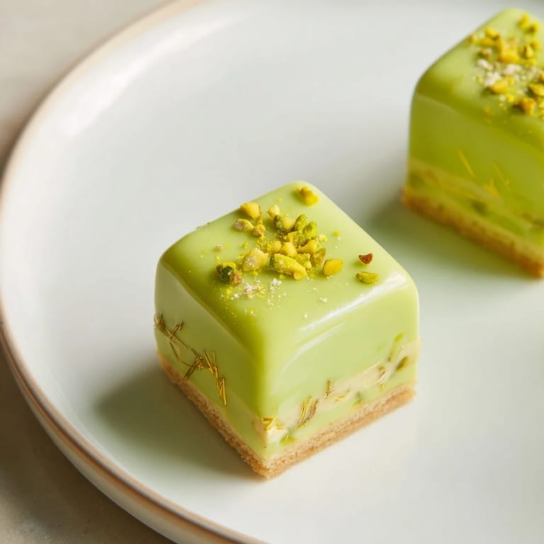 Delicate, bite-sized Grenouille Royale Petits Fours, frosted with pistachio cream and decorated with chopped pistachios.