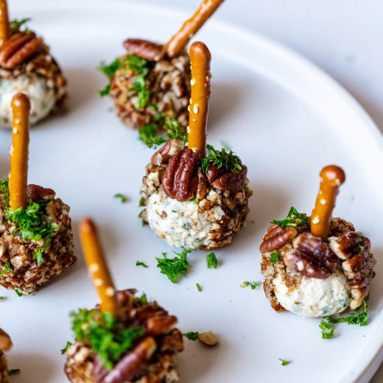 Festively arranged acorn cheese ball bites, starring a delicious cream cheese and cheddar mixture.