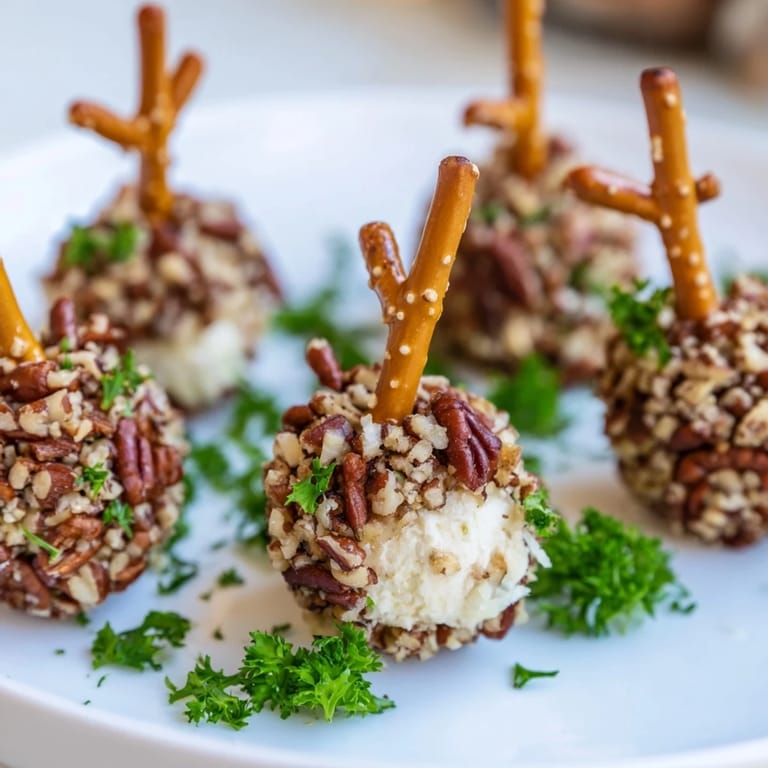 Mini pretzel stems crown savory acorn cheese ball bites, perfect for holiday entertaining with flavors.