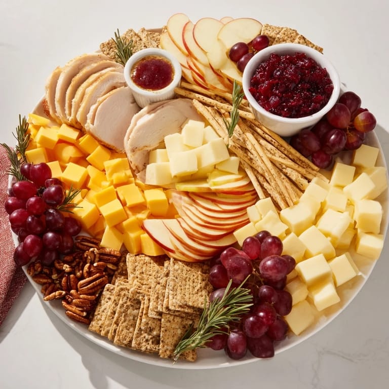 A colorful turkey cheese and cracker board with sliced turkey, golden crackers, and creamy cheeses.