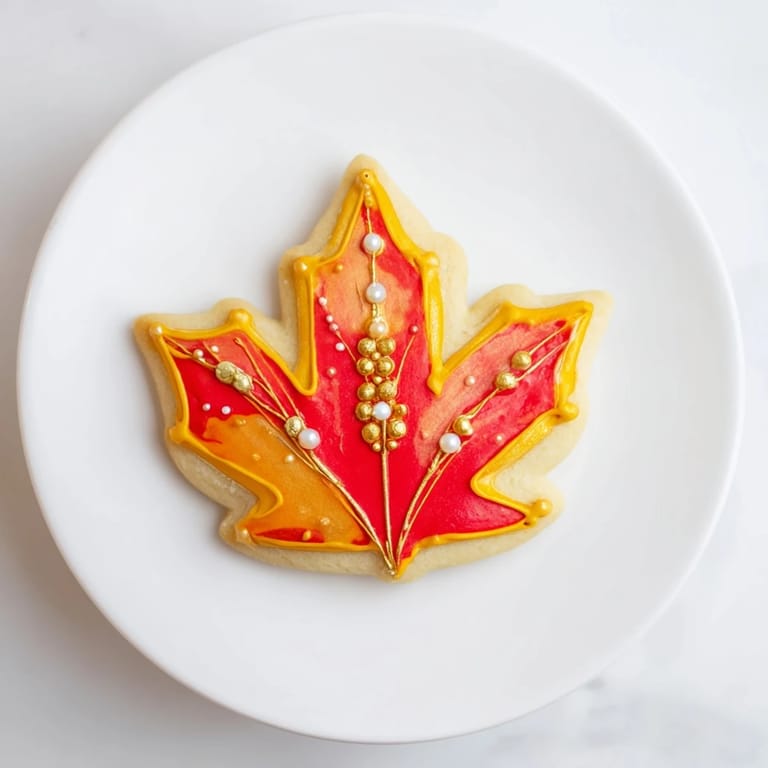 Plated Maple Leaf Cookies, ready to eat, offer a delightful taste of fall flavors.