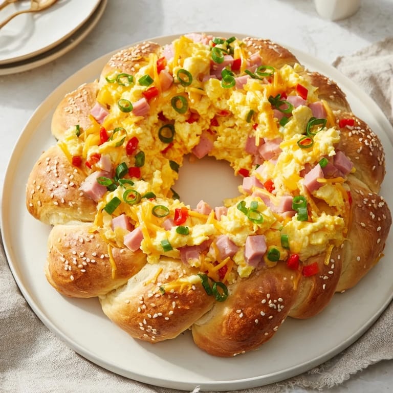 Warm and comforting: a freshly baked Wreath-Shaped Egg and Ham Bake with ham and vegetables.
