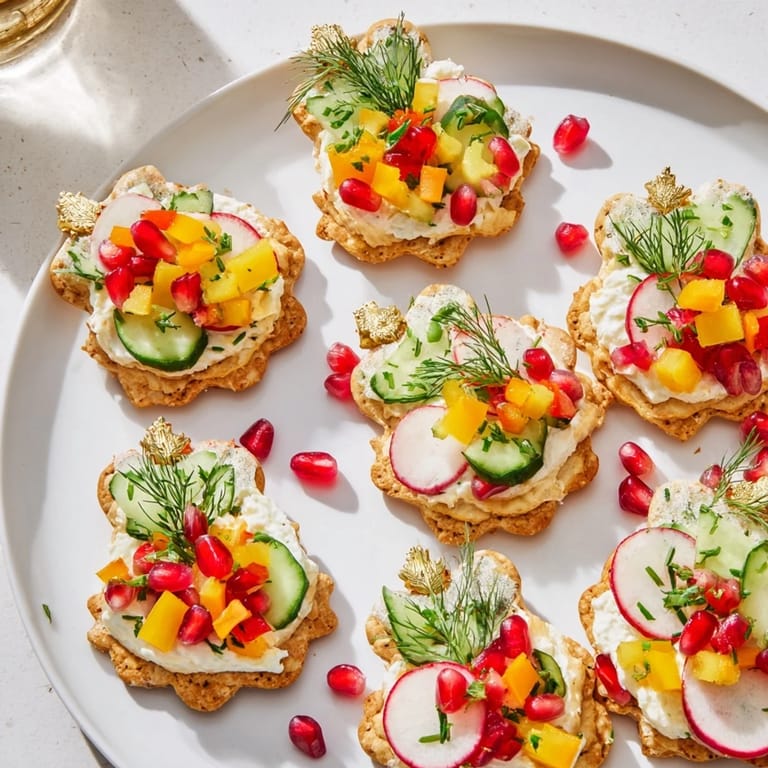 Close-up of creamy Ornament Shaped Cracker Toppings, beautifully decorated with radish and dill, perfect party snacks.
