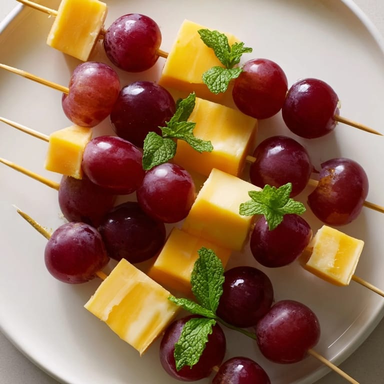 Close-up of Cheese & Grape Skewers, featuring cheddar and gouda cheese with sweet grapes.