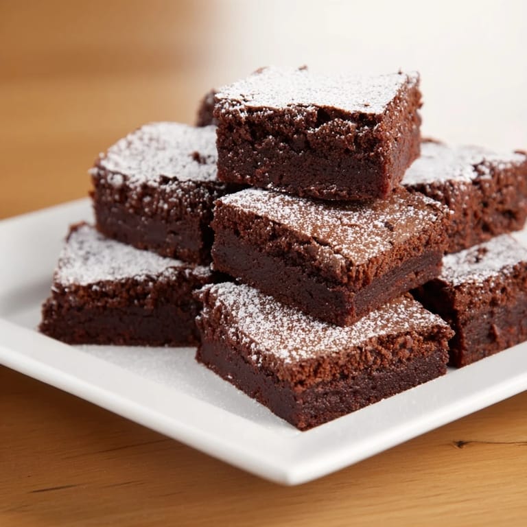 Close-up of baked brownie squares with a light powdered sugar dusting, showing rich chocolate texture.