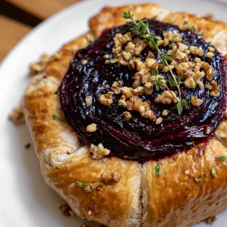 Close-up of a beautifully baked Brie with Fig Jam; showing a perfect cheese pull ready to eat.