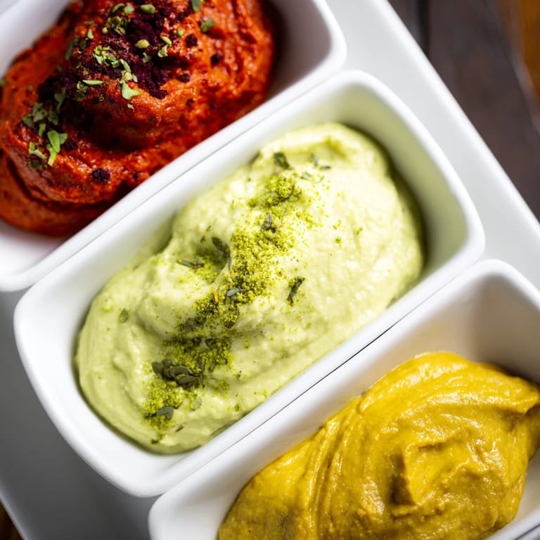 Colorful Dip Trio: A line of three homemade dips, perfect for party appetizers and gluten-free diets.
