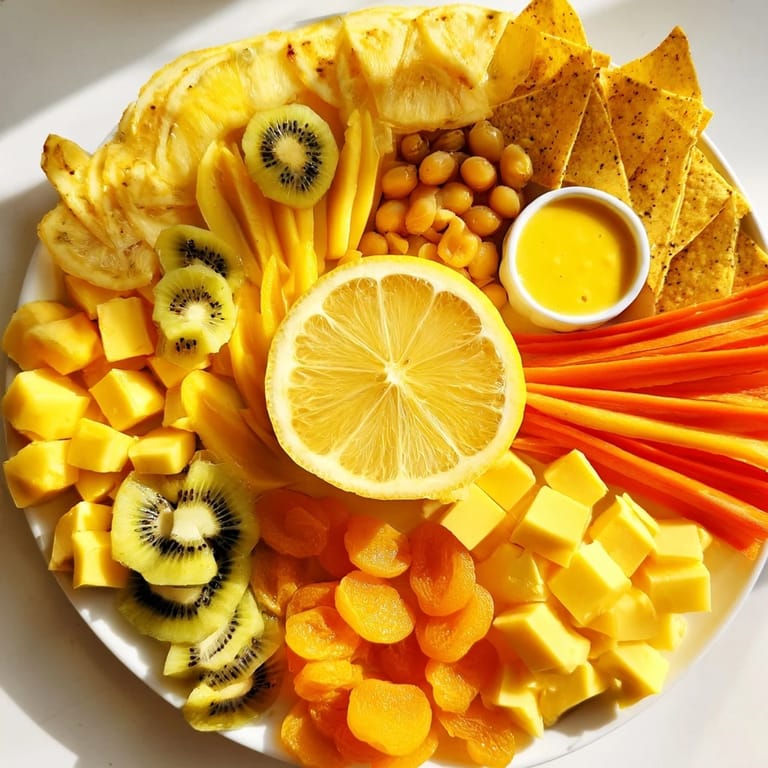Imagine a beautiful sunburst: This 57, Sunny Yellow Citrus Burst grazing board features fresh, sweet fruit and cheese.