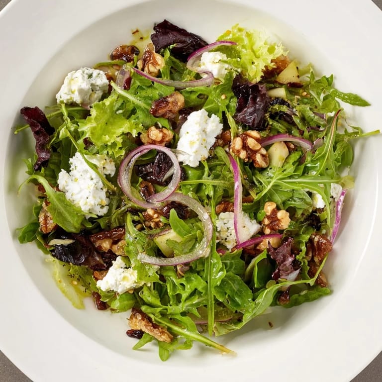 Fresh Spiced Honey and Date Goat Cheese Salad, drizzled with warm honey dressing and walnuts, a beautiful starter.