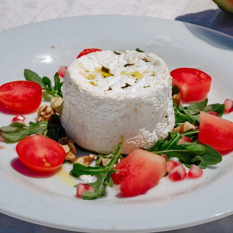 Vibrant, colorful The Zenith Point features fresh arugula, tomatoes, and radish converging toward a soft cheese.