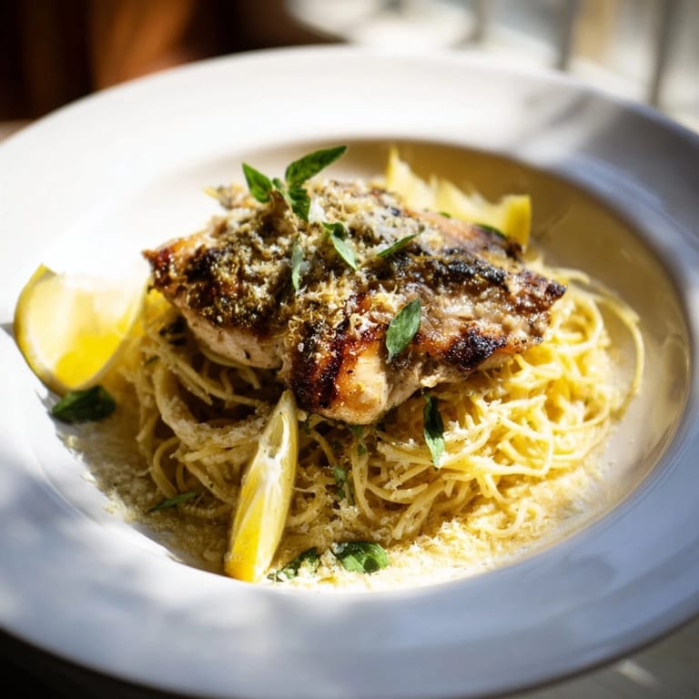 A close-up reveals the vibrant flavors of pasta with lemon brûlée chicken, garnished with fresh parsley.