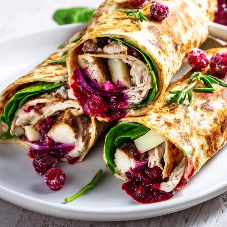 Close-up of a festive Chicken and Brie Holiday Wrap, ready to slice and enjoy.