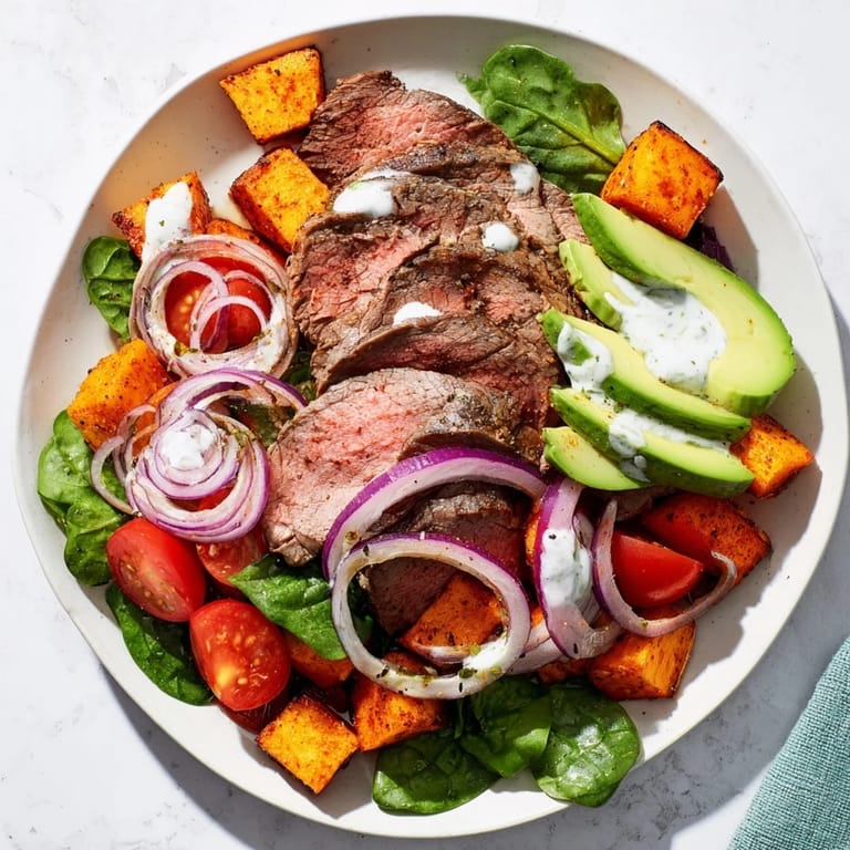 Imagine a satisfying lunch or dinner: A fresh Beef Avocado Sweet Potato Bowl, loaded with greens and flavor.