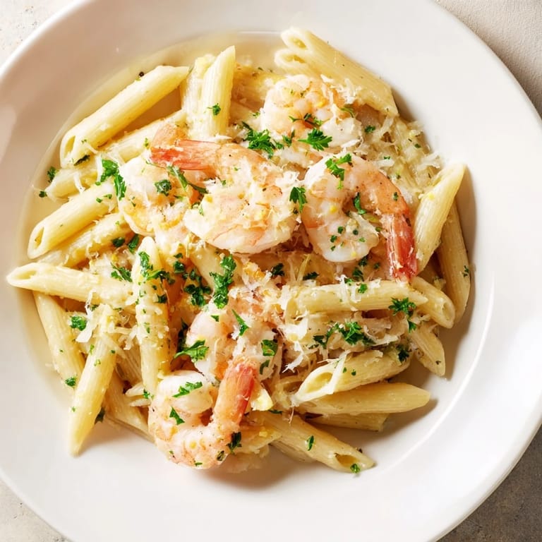 Delicious garlic shrimp penne, showing perfectly cooked shrimp and al dente pasta with lemon zest.