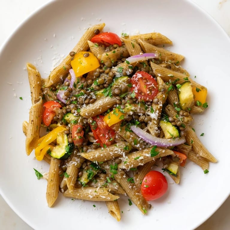 Vibrant image of Lentil Pasta with Vegetables: roasted bell peppers and zucchini mixed into pasta with lentils.