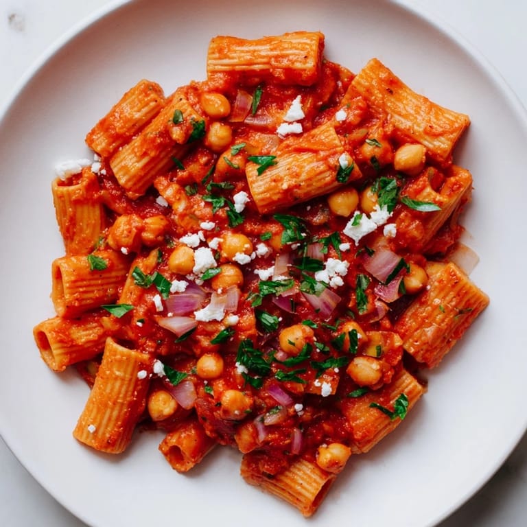 Close up of delicious harissa chickpea pasta, perfectly plated with fresh herbs and lemon.