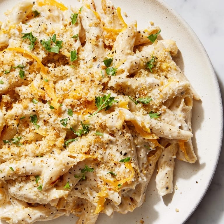 Golden, baked High-Protein Mac & Cheese, with a breadcrumb topping, is a comforting, healthy meal.