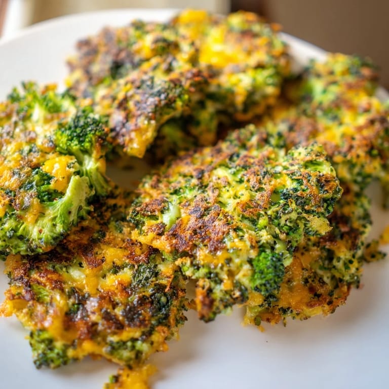 Close-up of freshly fried cheesy broccoli patties, showcasing a hearty, savory homemade meal.