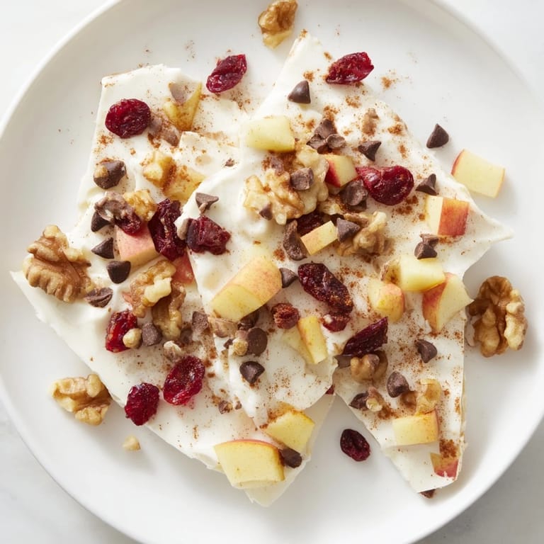 A close-up of beautifully prepared Apple Cinnamon Yogurt Bark loaded with fall flavors and sweet bites.