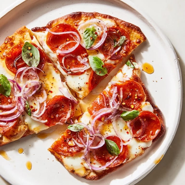 Crispy Hot Honey Pepperoni Flatbread topped with melted cheese, flavorful pepperoni, and a sweet, spicy honey drizzle.